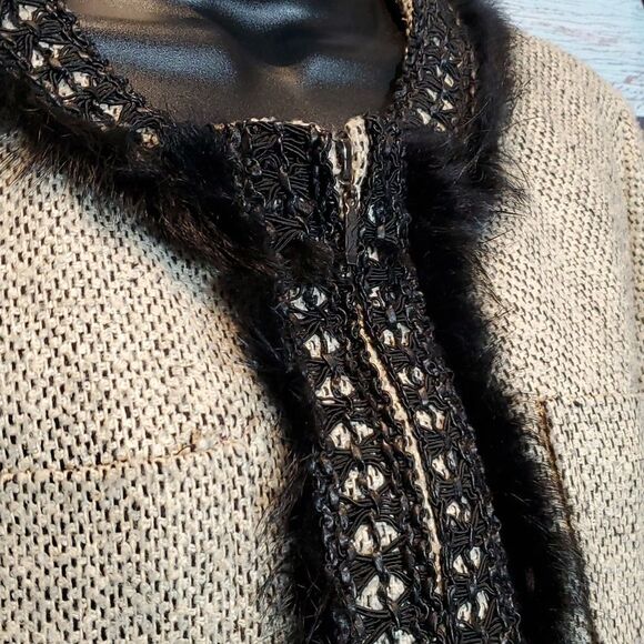 Anne Carson Cream Black Lace Faux Fur Trim Blazer Jacket, Sz M - Picture 3 of 7